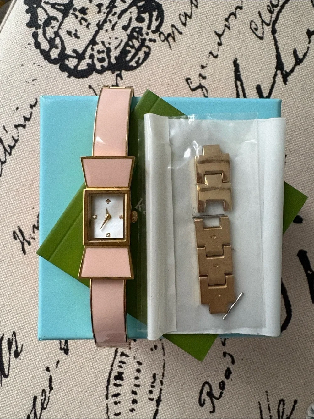 Kate Spade Gold-Tone Pink Enamel Bow Bangle Watch New